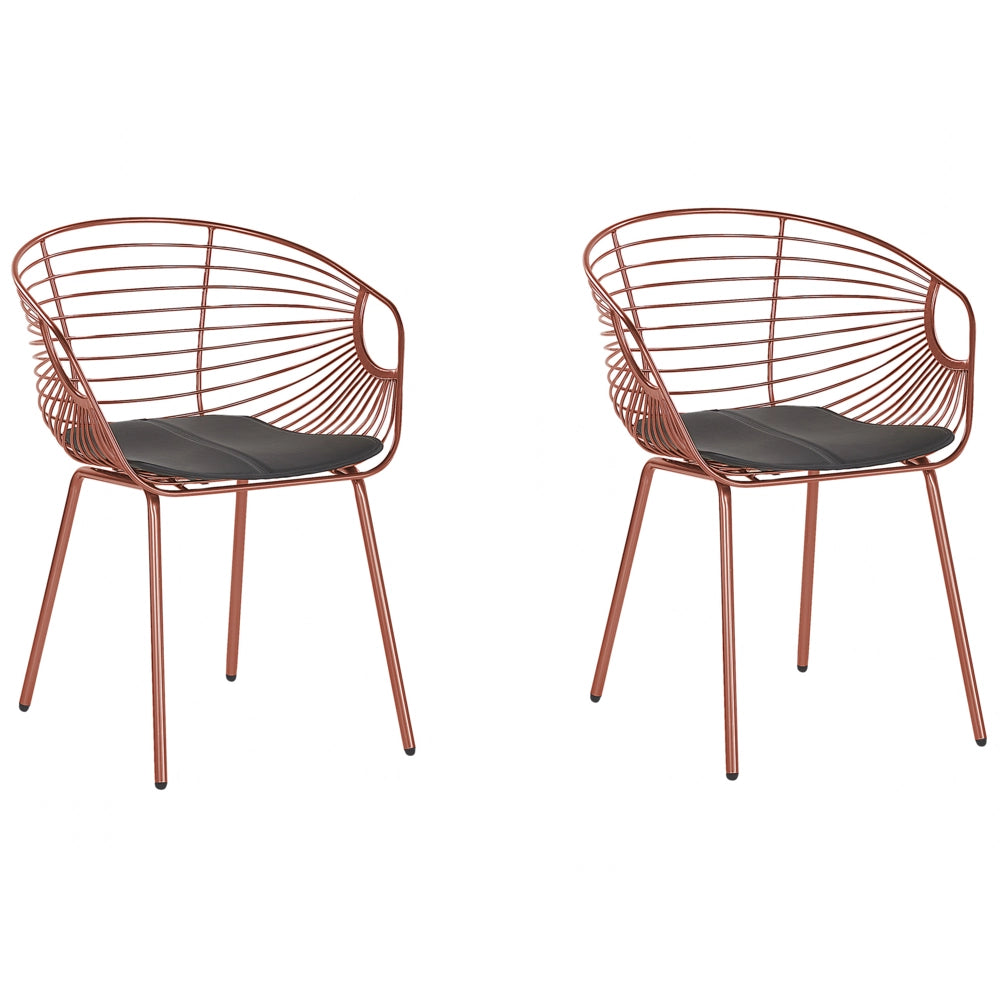 Set di 2 sedie da pranzo in filo metallico rosso rame design ecopelle Nero cuscino del sedile Glam Industrial Modern