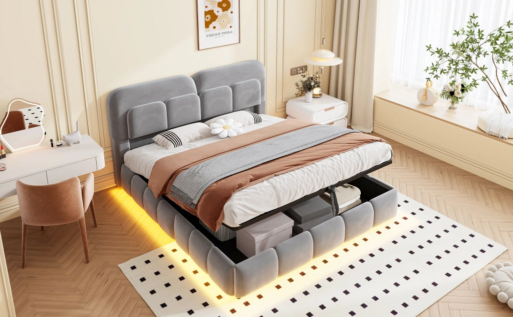 DESMIU Letto contenitore matrimoniale 140 × 200 cm con vano idraulico e LED, senza materasso, velluto grigio