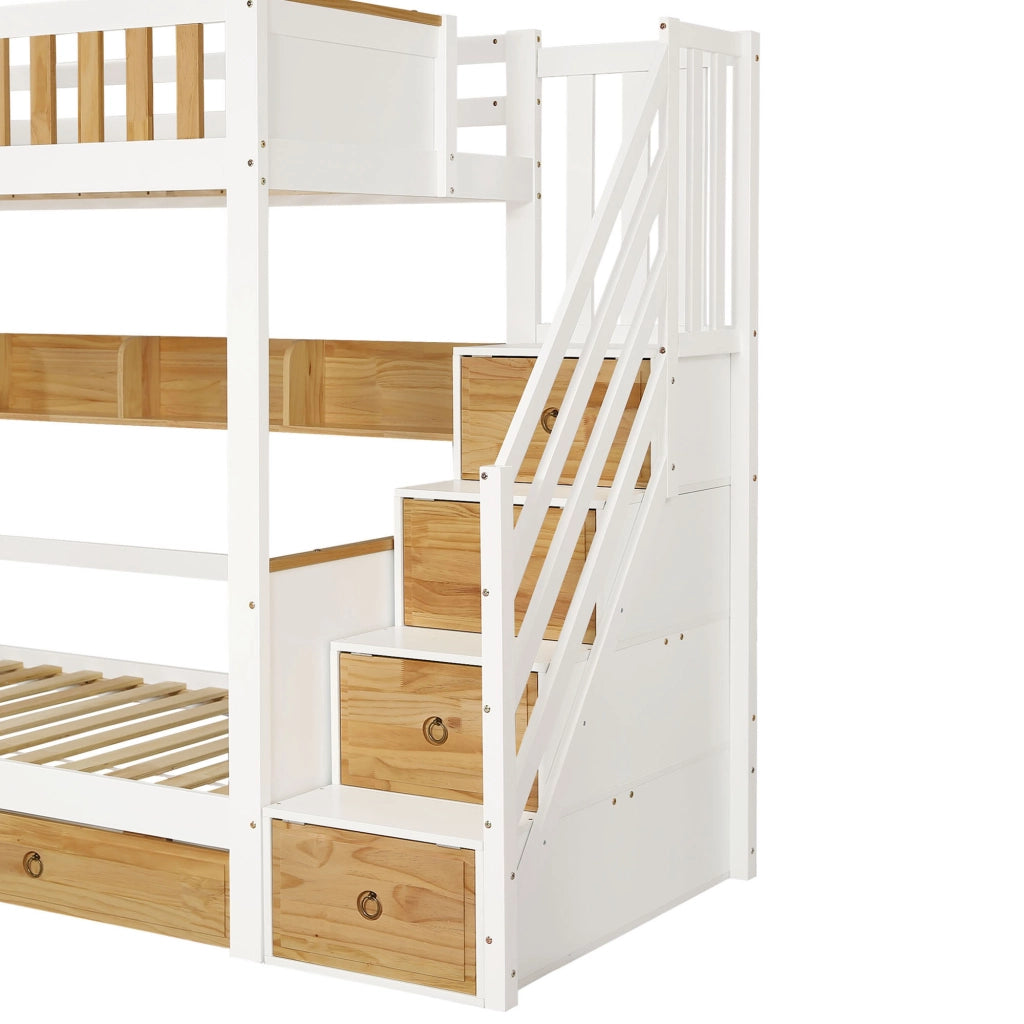 Letto a castello 90x200 cm con scala contenitore e cassetti in legno e MDF bianco e colore naturale
