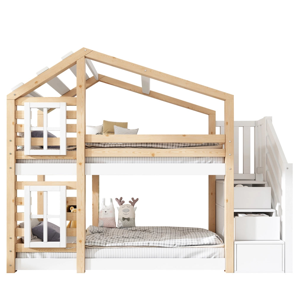Letto a castello per bambini a tema casetta sull’albero 90x200 cm in legno massello e MDF, naturale e bianco