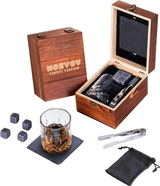 Set di pietre raffreddanti per whisky - 4 pietre raffreddanti + vaso per whisky + supporti in pietra - regalo per uomo per Natale e Giorno del Padre