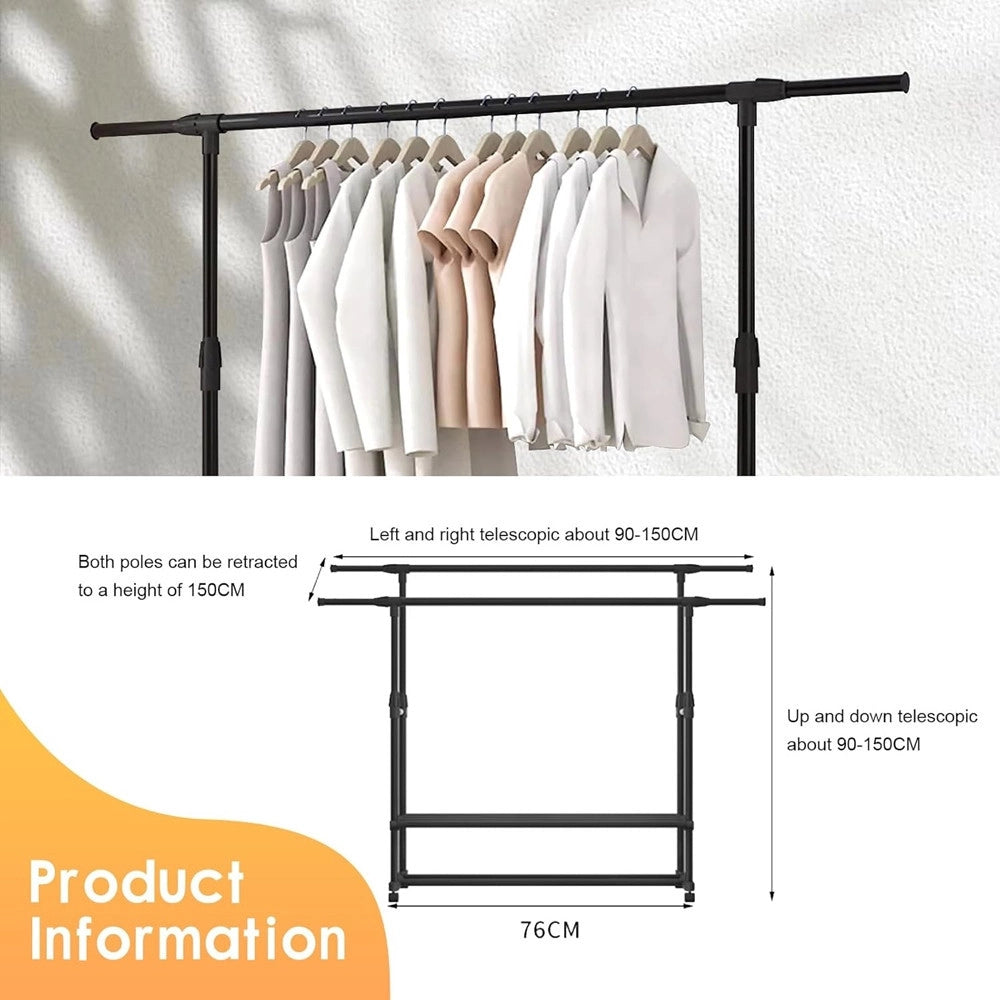Trade Shop - Appendiabiti Da Terra Stand Con Ruote 3 Scomparti Portaoggetti Doppio Bastone A Scomparsa -