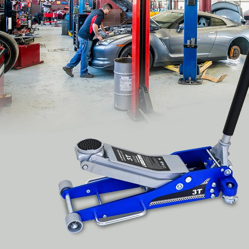 Cric Idraulico a Carrello 3 Ton ¨C MINIMAL ¨C Alluminio/Acciaio, Blu/Argento, per SUV e Fuoristrada