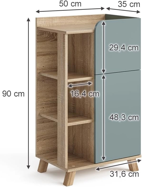 Mobiletto bagno Karen, Sonoma/blu, 50 x 90 cm con anta e cassetto, adatto per la conservazione di articoli da bagno e asciugamani
