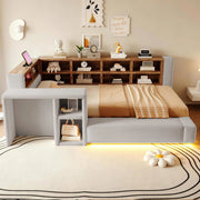 Letto imbottito 90x200 cm con vani portaoggetti; LED; prese integrate e comodino; grigio chiaro