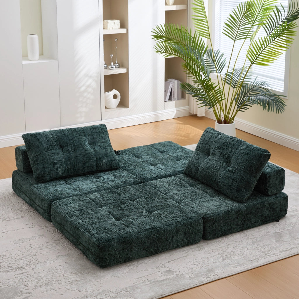 Divano Letto Pieghevole 1 Posto con Cuscini Cervicale e Lombare Salvaspazio da Pavimento in Chenille Smeraldo