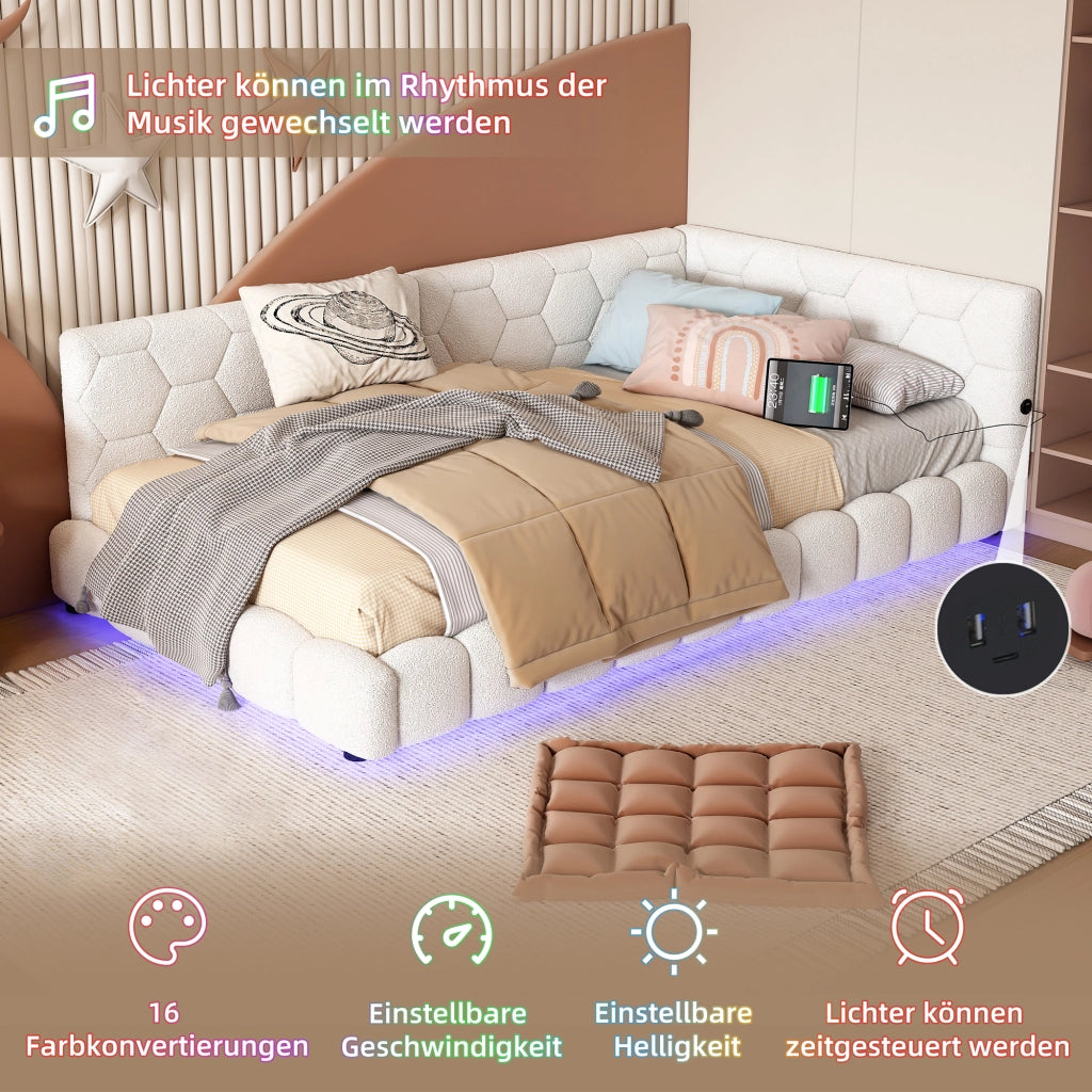 Letto singolo 90×200 cm con LED regolabile; USB e Type-C; senza materasso; MDF e velluto; bianco