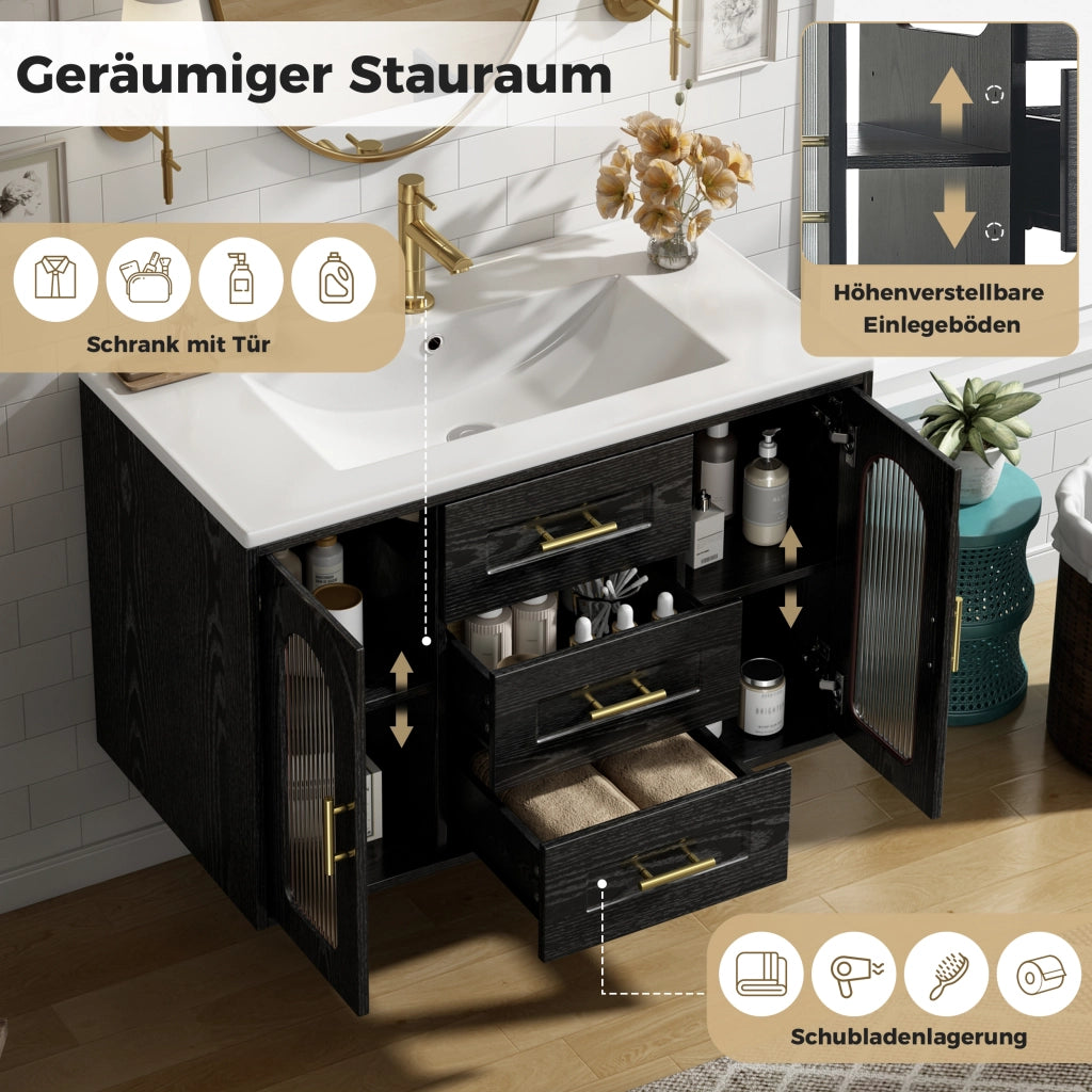 Mobile sottolavabo da bagno con LED, 2 cassetti e ripiani regolabili, anta in vetro rigato, nero, 76 × 46 × 55 cm