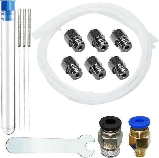 Set di bocchette in acciaio 6 pezzi 0,02 mm + spillini di pulizia + tubo Teflon + chiave + PC4-M6-M10(1P+1P) per filamento 1,75 Ender 3