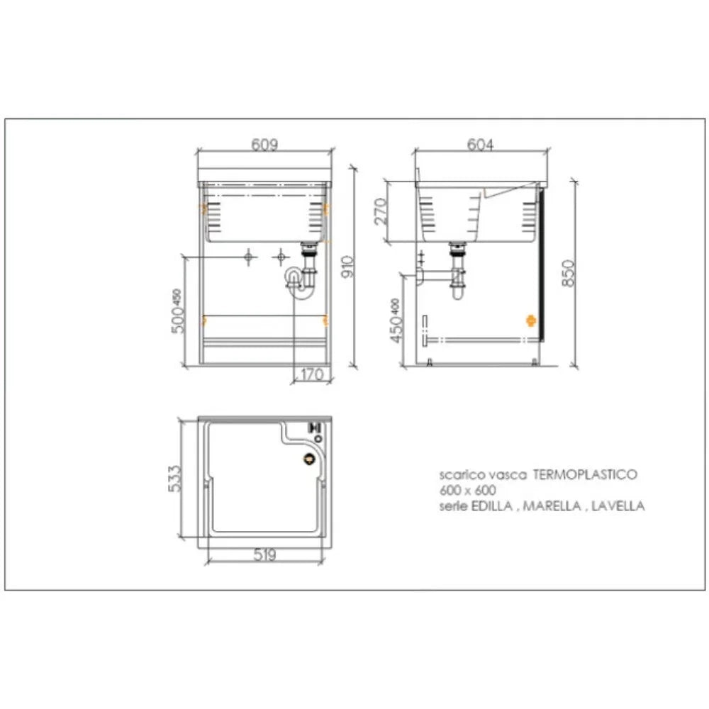 Mobile lavatoio 60x60 cm bianco con vasca in termoplastico, fondo salvagoccia e asse in termoplastico | Lavella
