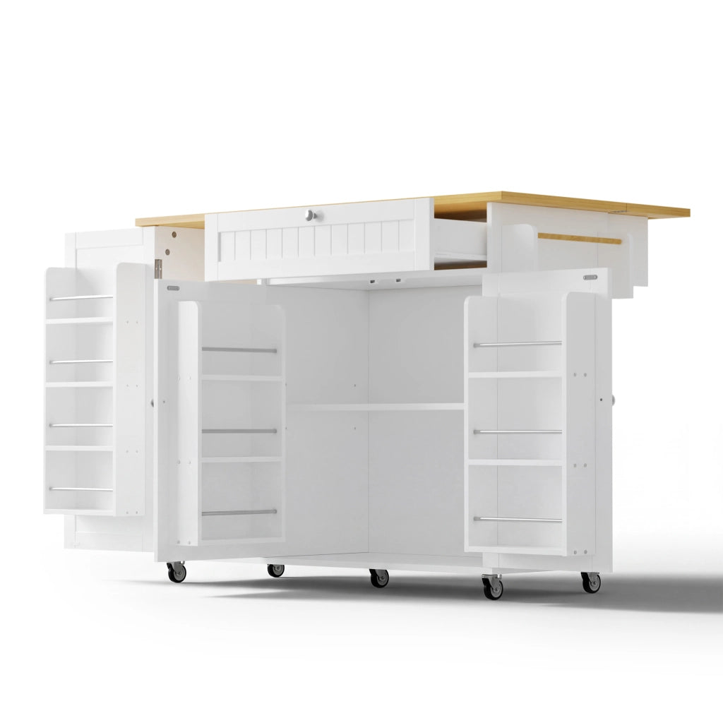 Isola cucina con piano ribaltabile, carrello con cassetto e spazio contenitivo, colore Natural e Bianco