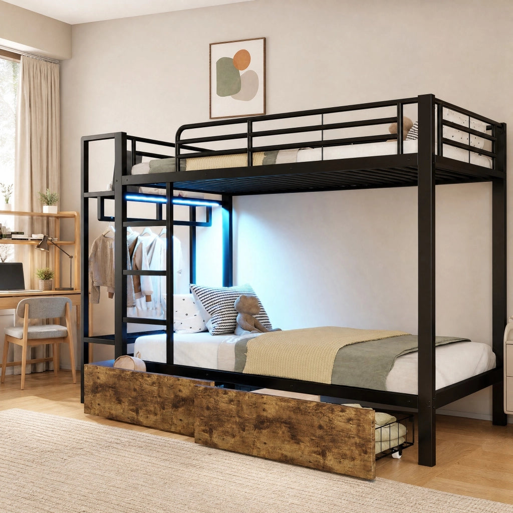Letto a castello 90x200 cm con LED; 2 cassetti in metallo e MDF nero