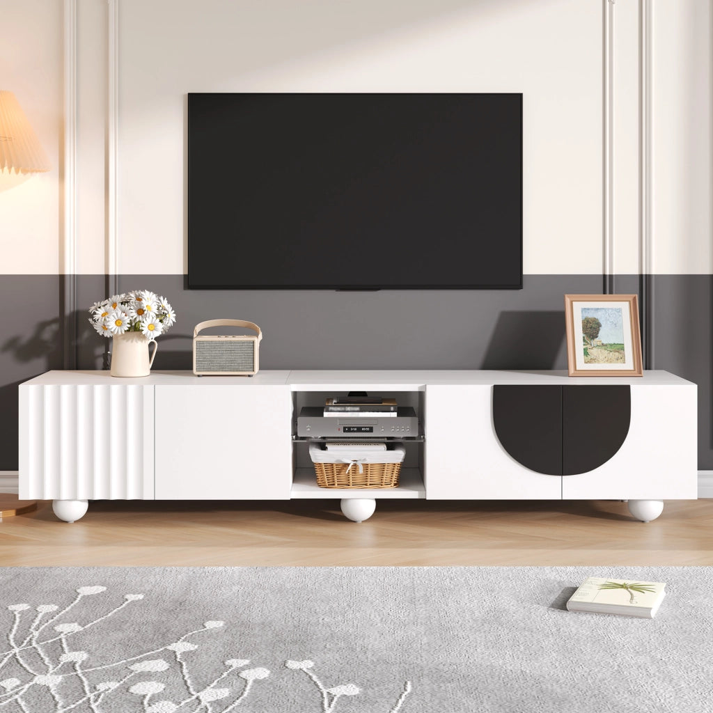 Mobile porta TV minimalista bianco e nero con vani aperti e chiusi, 180 cm