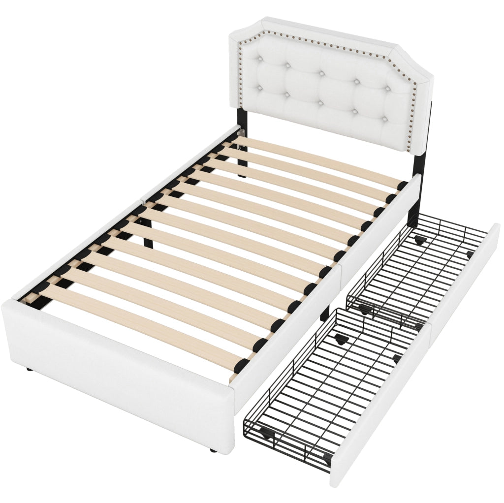 Letto imbottito 90x200 cm con cassetti; MDF e lino; beige chiaro