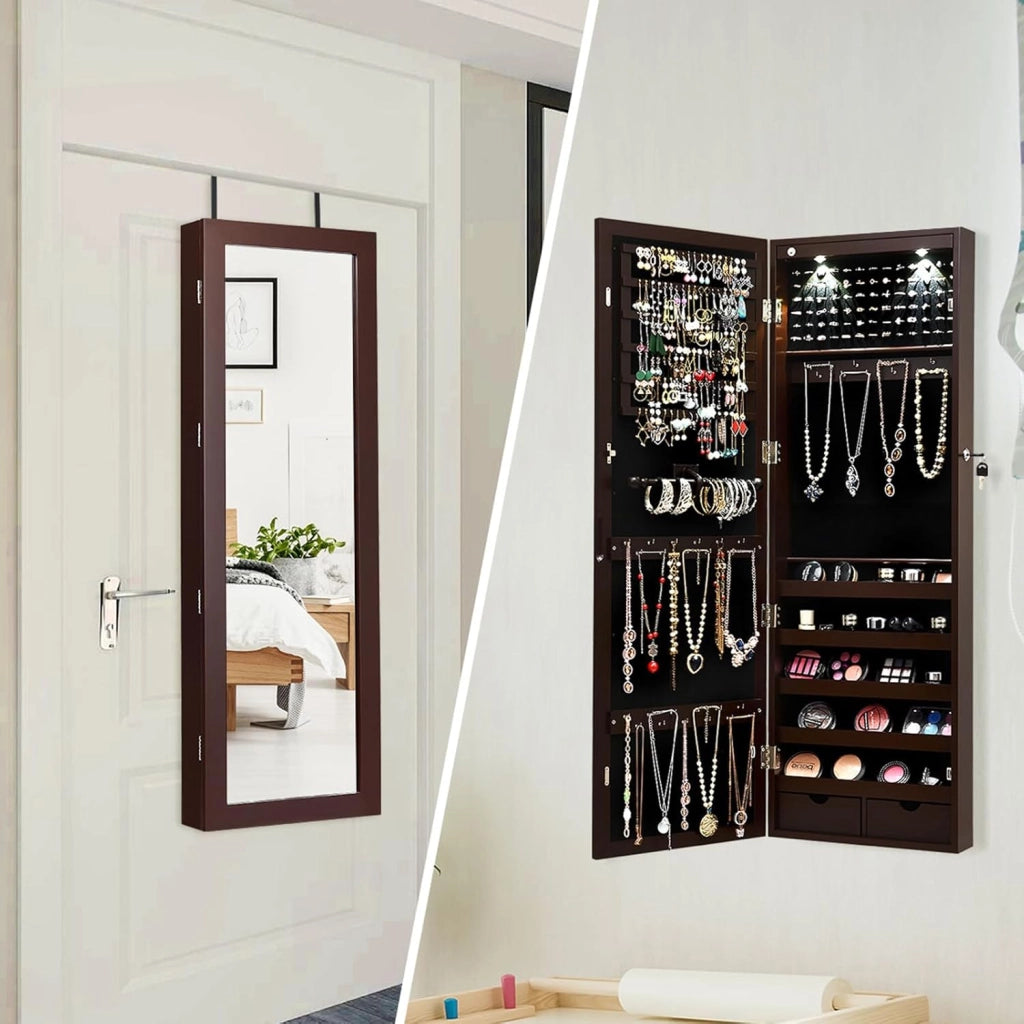 Armadio per Gioielli con 2 luci LED, con Specchio a Figura, Organizer Montato al Muro con Ganci Regolabili per Appendere, Armadio Portagioie per Truccarsi (Marrone)