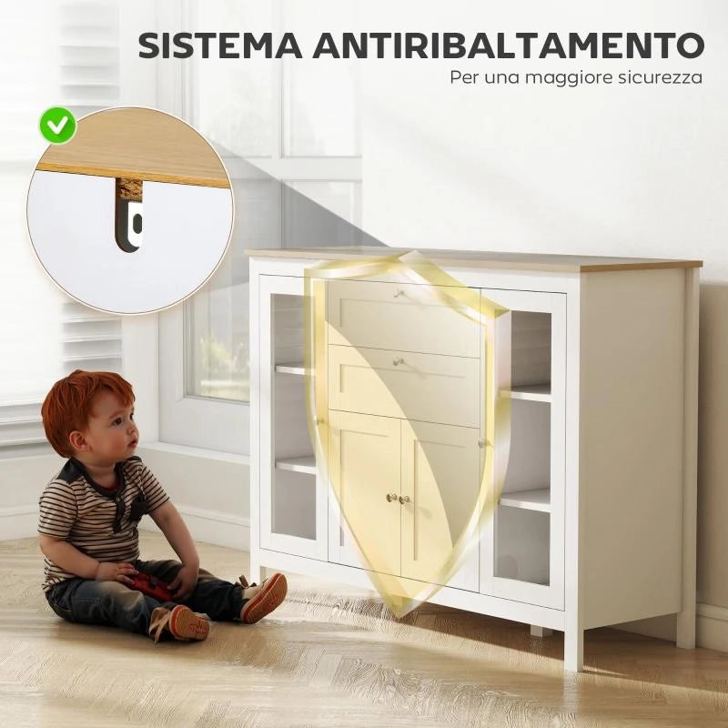 MOBILE CUCINA CON 2 CASSETTI E 3 ARMADIETTI, ANTE IN VETRO E RIPIANI REGOLABILI, 120X40X90 CM, BIANCO E ROVERE