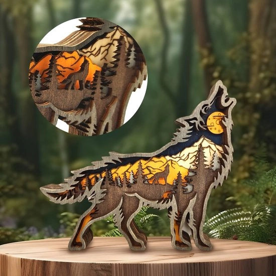 Decorazione 3D di animali in legno per la casa, scultura ornamentale di boschi sintetici in legno, graviure di piastre per decorare la casa, il posto di lavoro, il desktop, la festa di Natale e Capodanno (lupo)