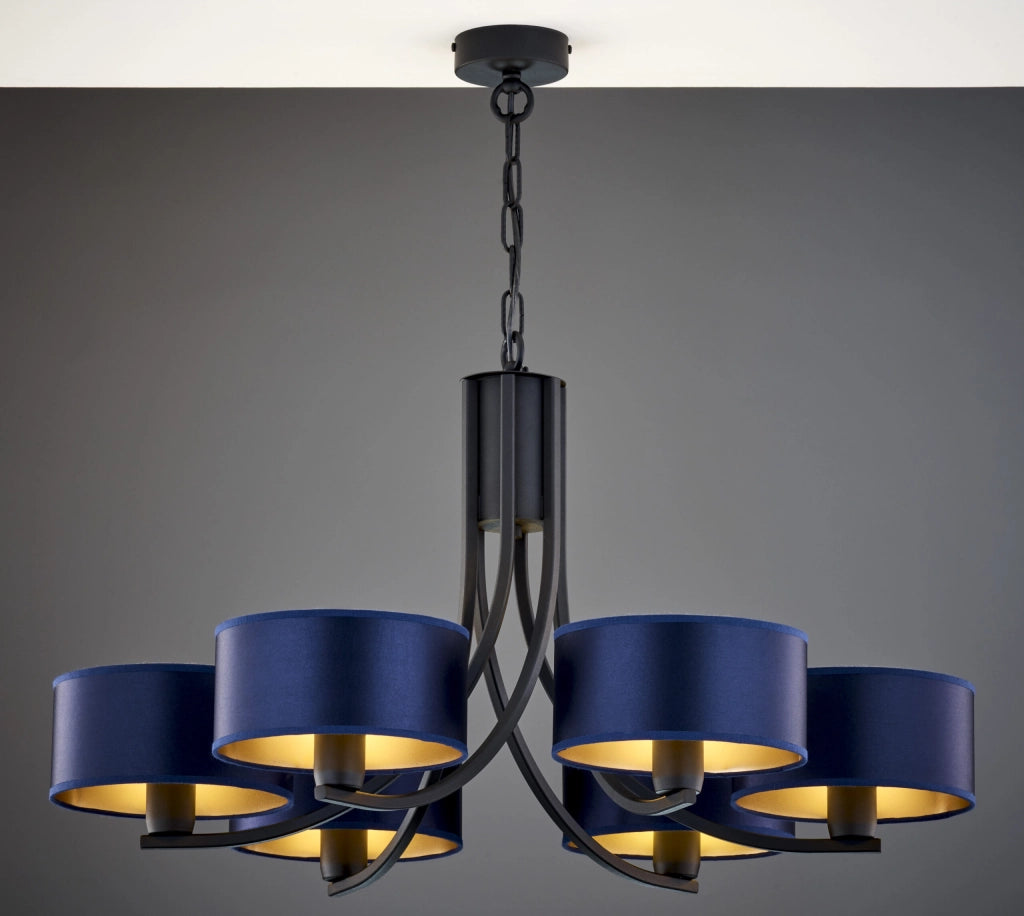 Lampadario nero a catena, paralumi blu 6xE27 ARTHUR Jupiter