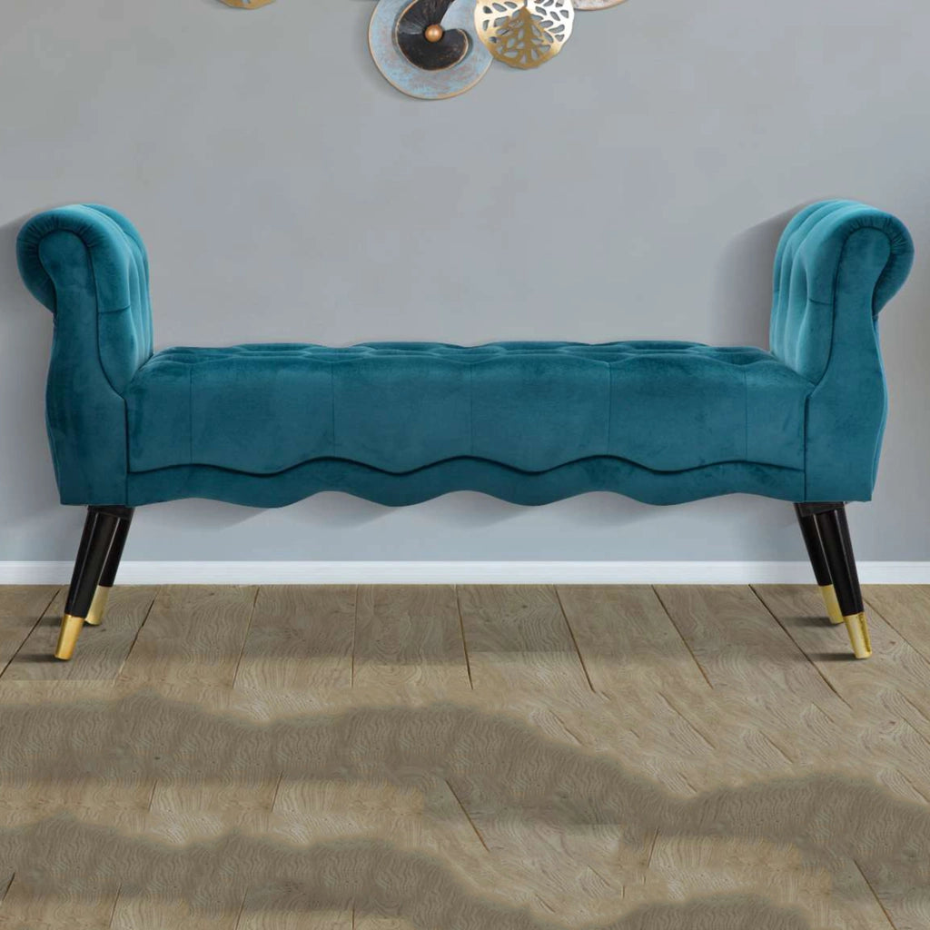 Humahu, Panca in Velluto, con Braccioli e Dettagli Dorati, 120x40x60h cm blu Ottanio