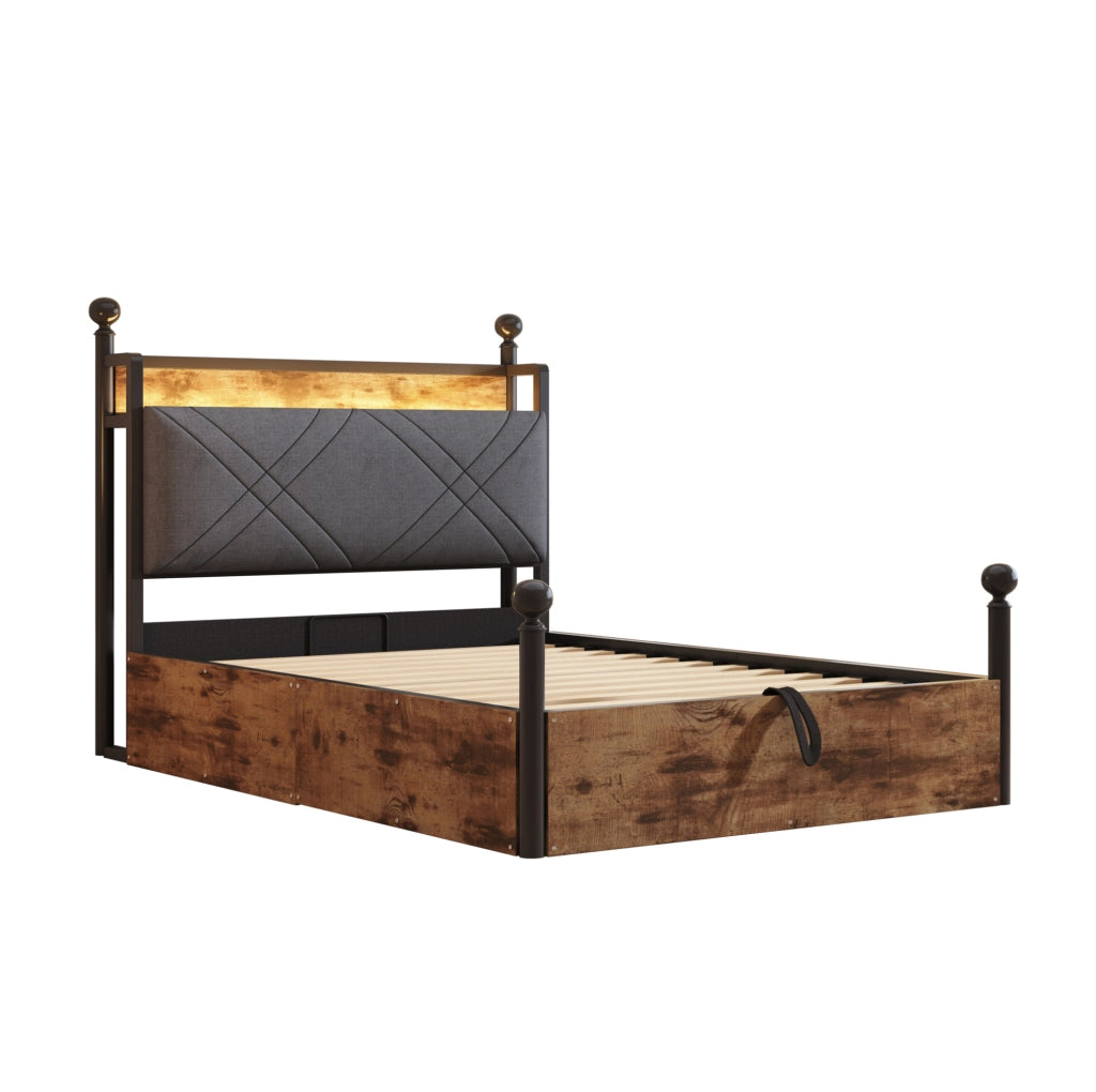 Letto 90x190 cm con contenitore idraulico e LED; metallo nero