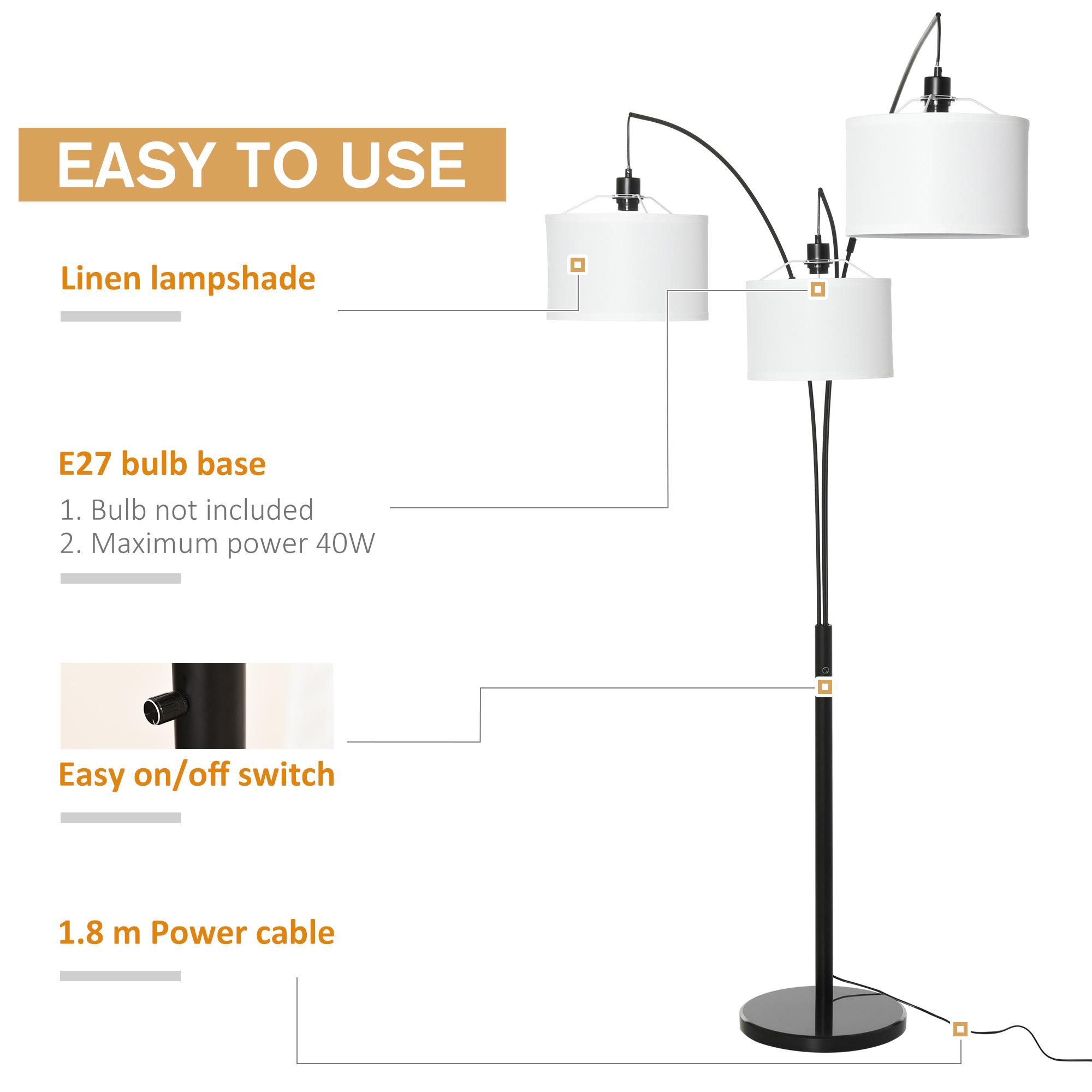 Lampada da Terra con 3 Paralumi E27 H205 cm in Metallo Nero e Bianco