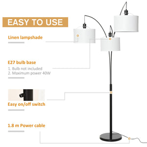 Lampada da Terra con 3 Paralumi E27 H205 cm in Metallo Nero e Bianco