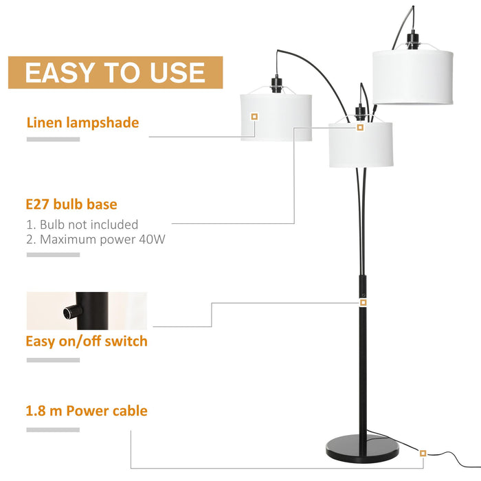 Lampada da Terra con 3 Paralumi E27 H205 cm in Metallo Nero e Bianco