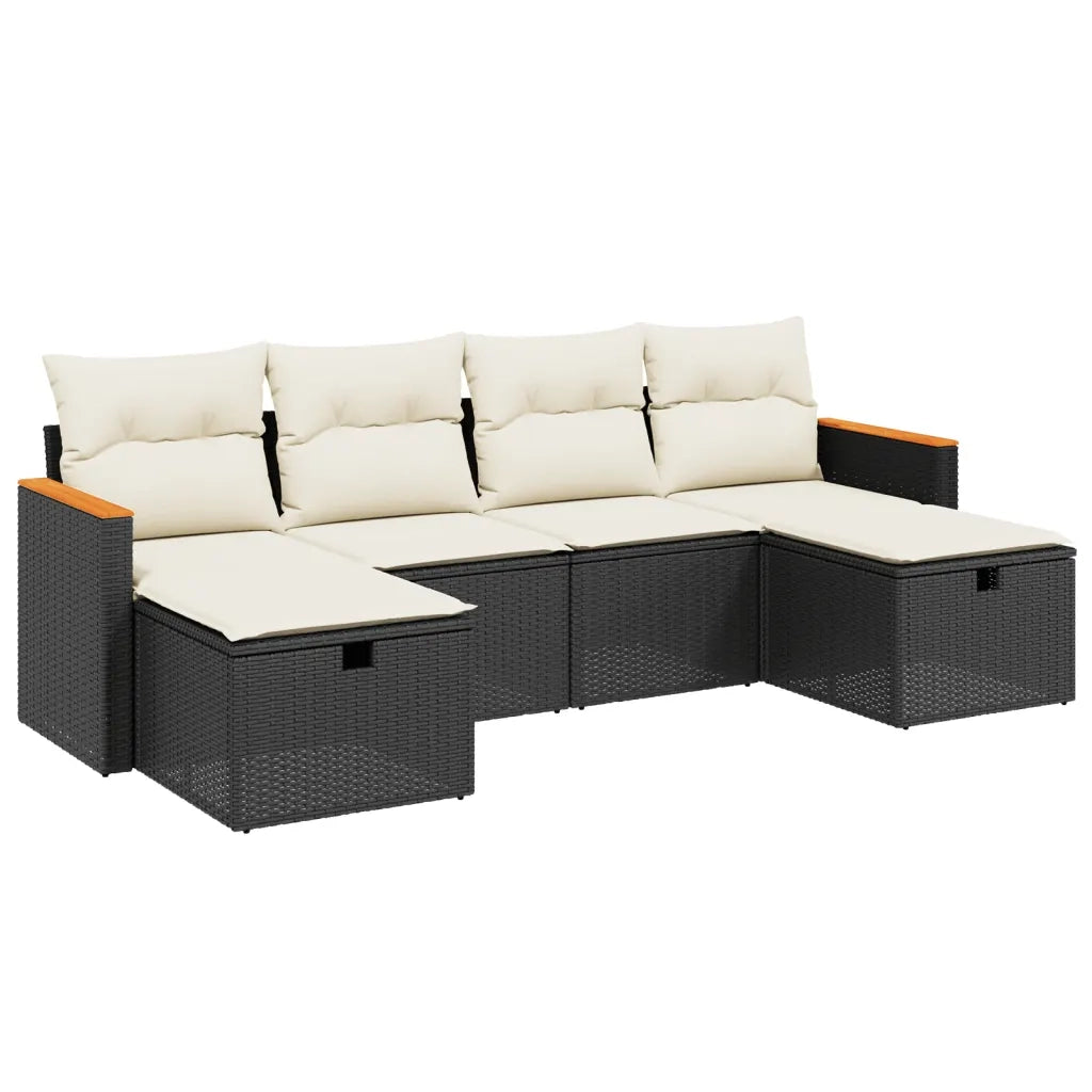 Set Divano da Giardino 6 pz | Set Salotto da Giardino con Cuscini Nero in Polyrattan