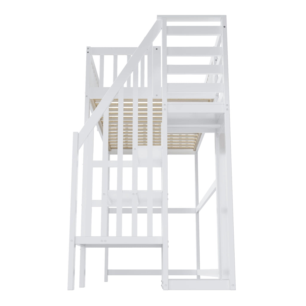 Letto a soppalco 90x200 cm bianco con scala e armadio
