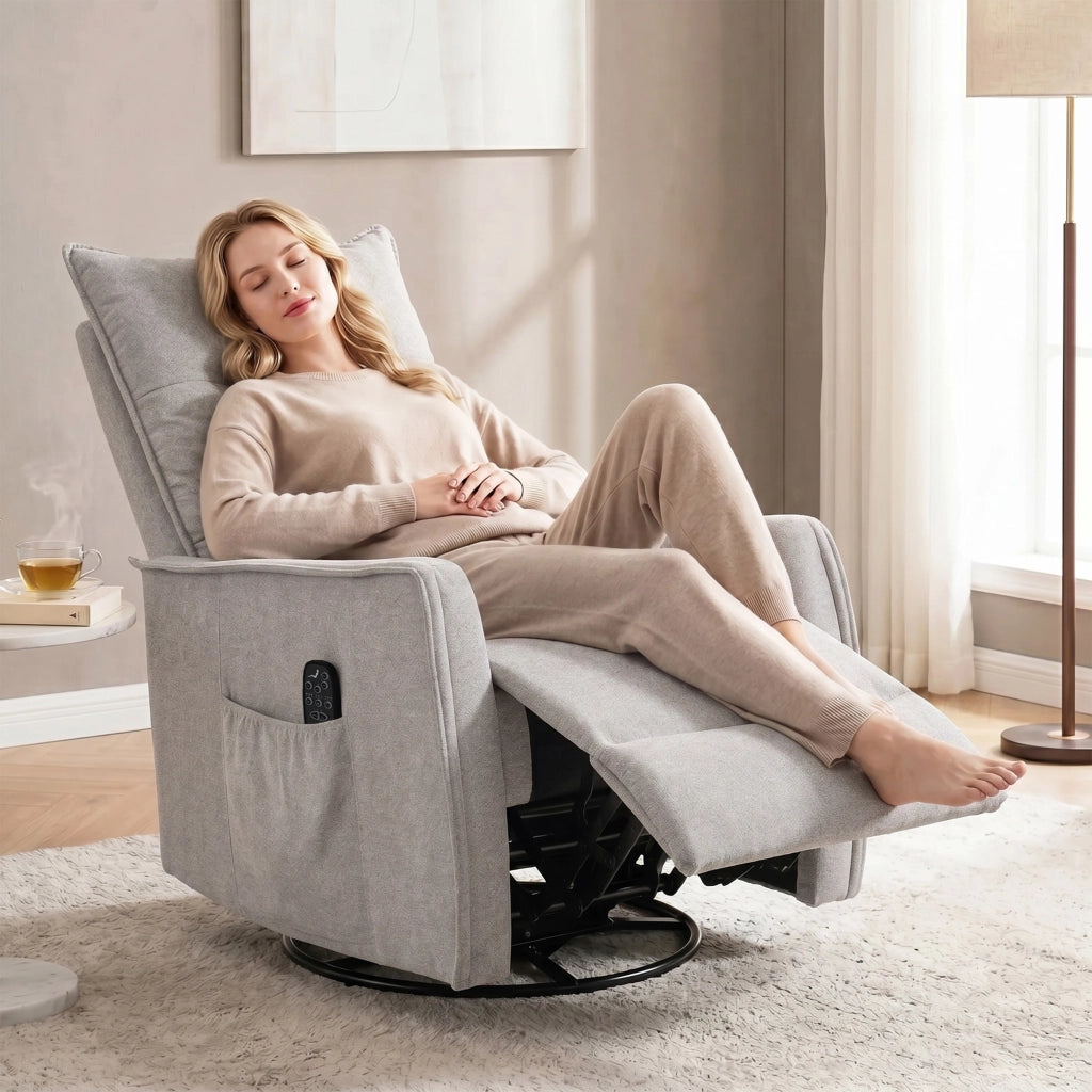 Poltrona Relax Massaggiante  71x93x99 cm Reclinabile con Telecomando e Poggiapiedi in Ciniglia Grigio Chiaro