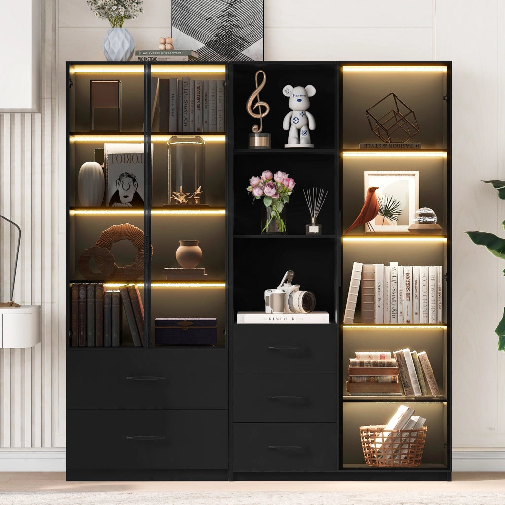 Vetrina LED modulare con ante in vetro, ripiani aperti e cassetti, per soggiorno e cucina, nero, 140 × 40 × 160 cm
