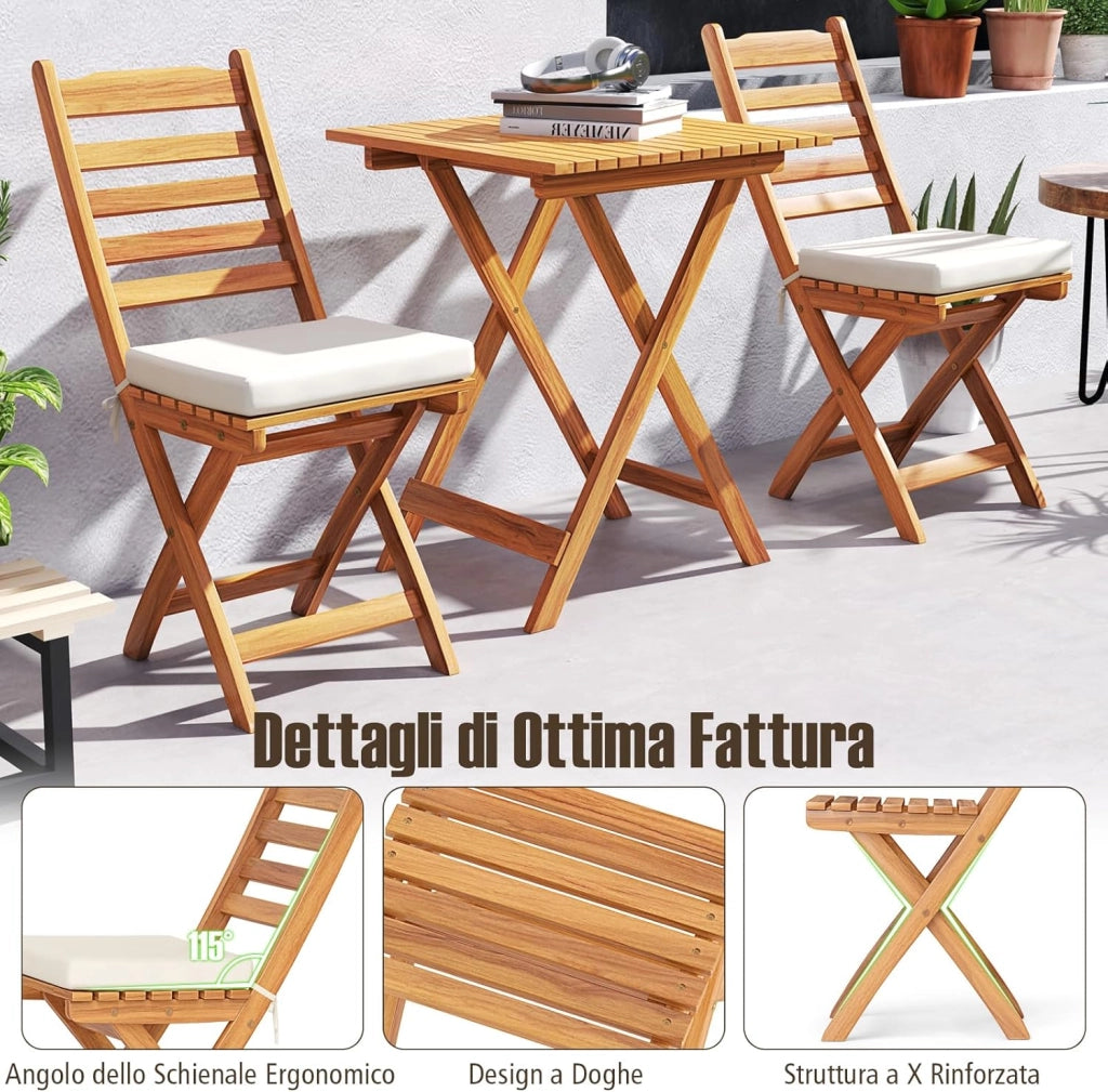 Set Bistro da Esterno in Legno di Acacia, Tavolo e 2 Sedie Pieghevoli con Cuscini, Tavolo Portata 80 kg/Sedia Portata 180 kg (Modello 1)