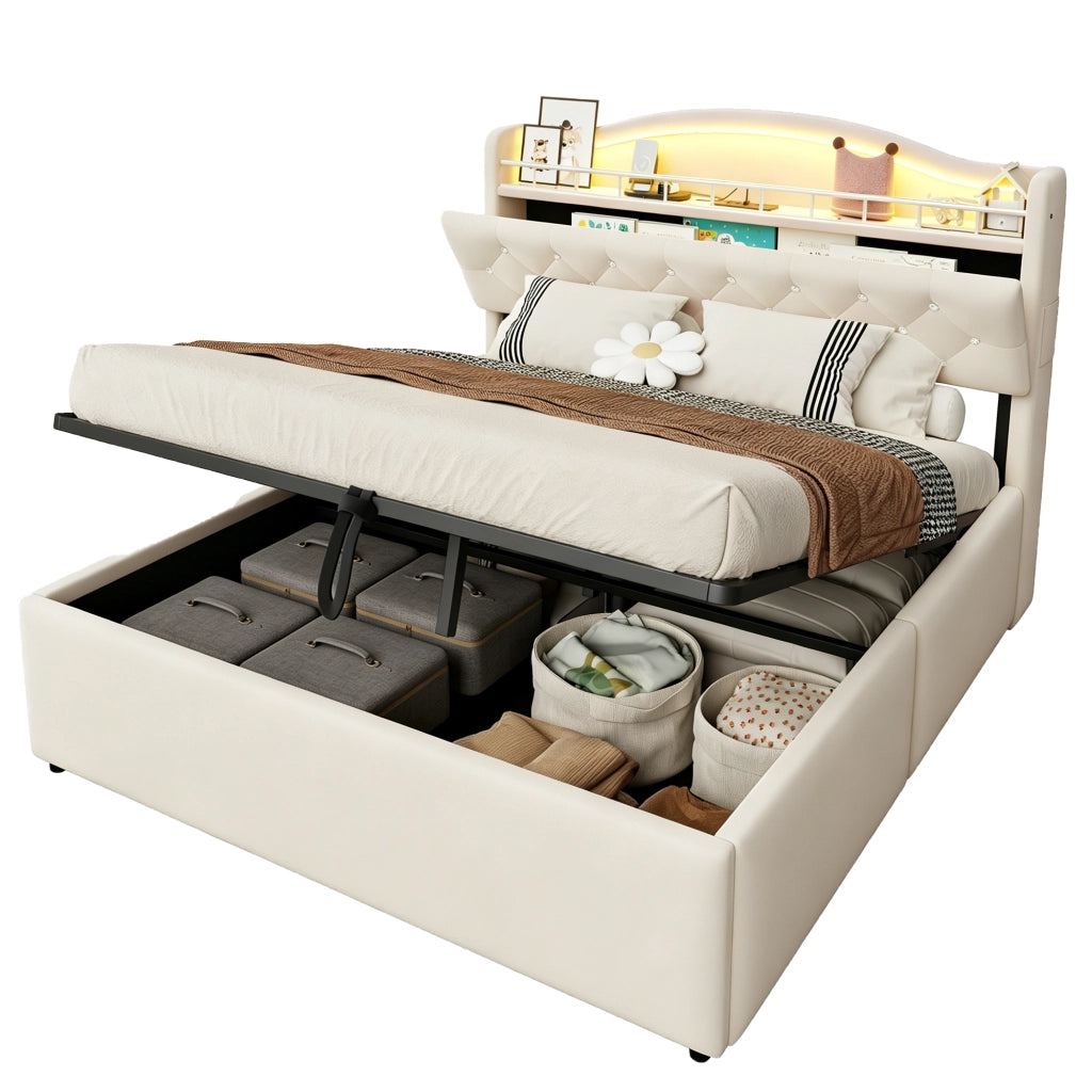 Letto Contenitore 140x200 cm con USB; USB-C; LED e Vani in Metallo; Beige