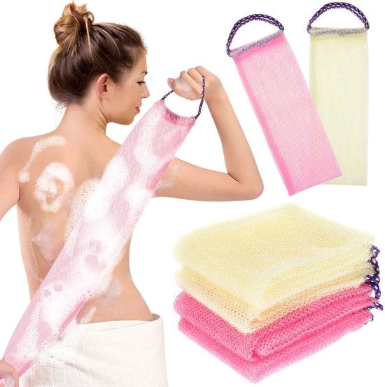Set di 2 asciugamani esfolianti, asciugamani a raso, asciugamani a loofah, asciugamani da bagno lunghi