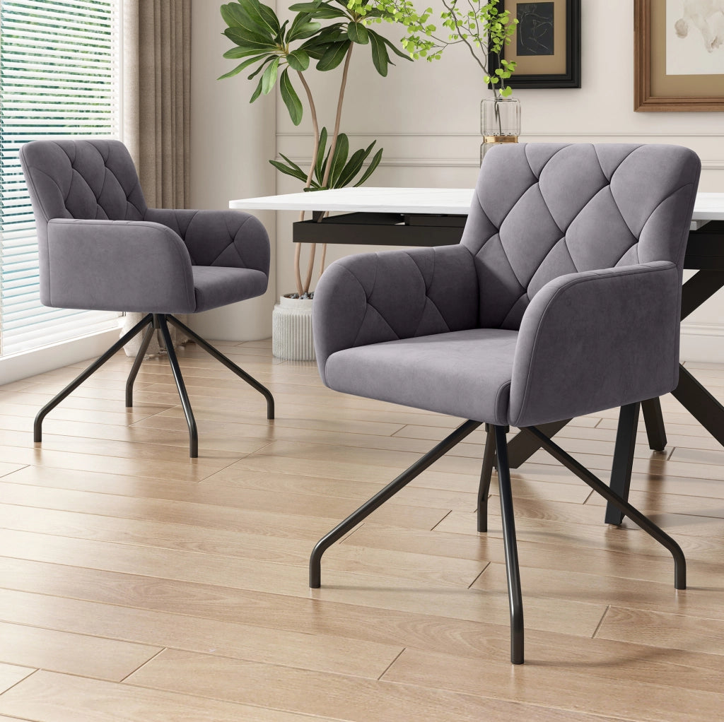 Set di 2 sedie imbottite in velluto grigio scuro con braccioli e gambe in metallo