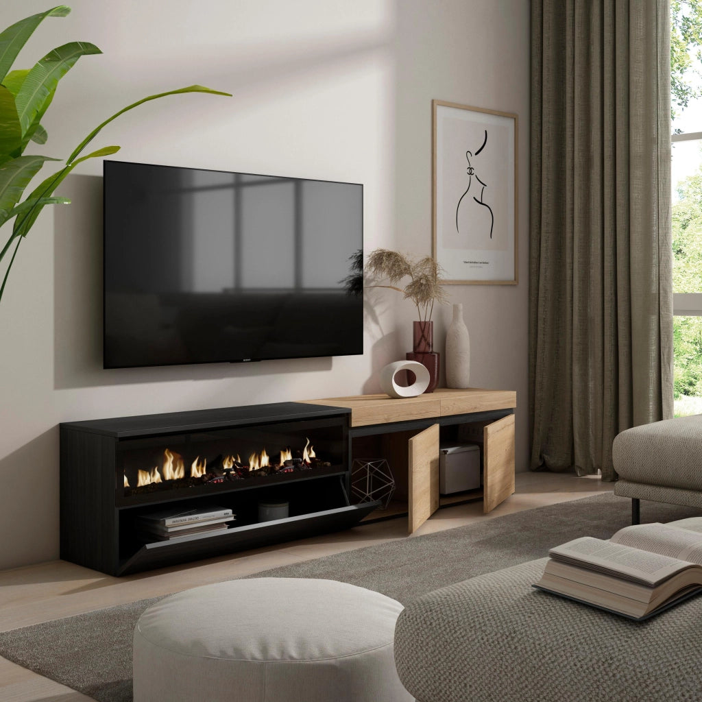 Mobile TV, 200x35x45cm, soggiorno, Per TV fino a 80", Camino elettrico, colore Rovere e nero RF2253