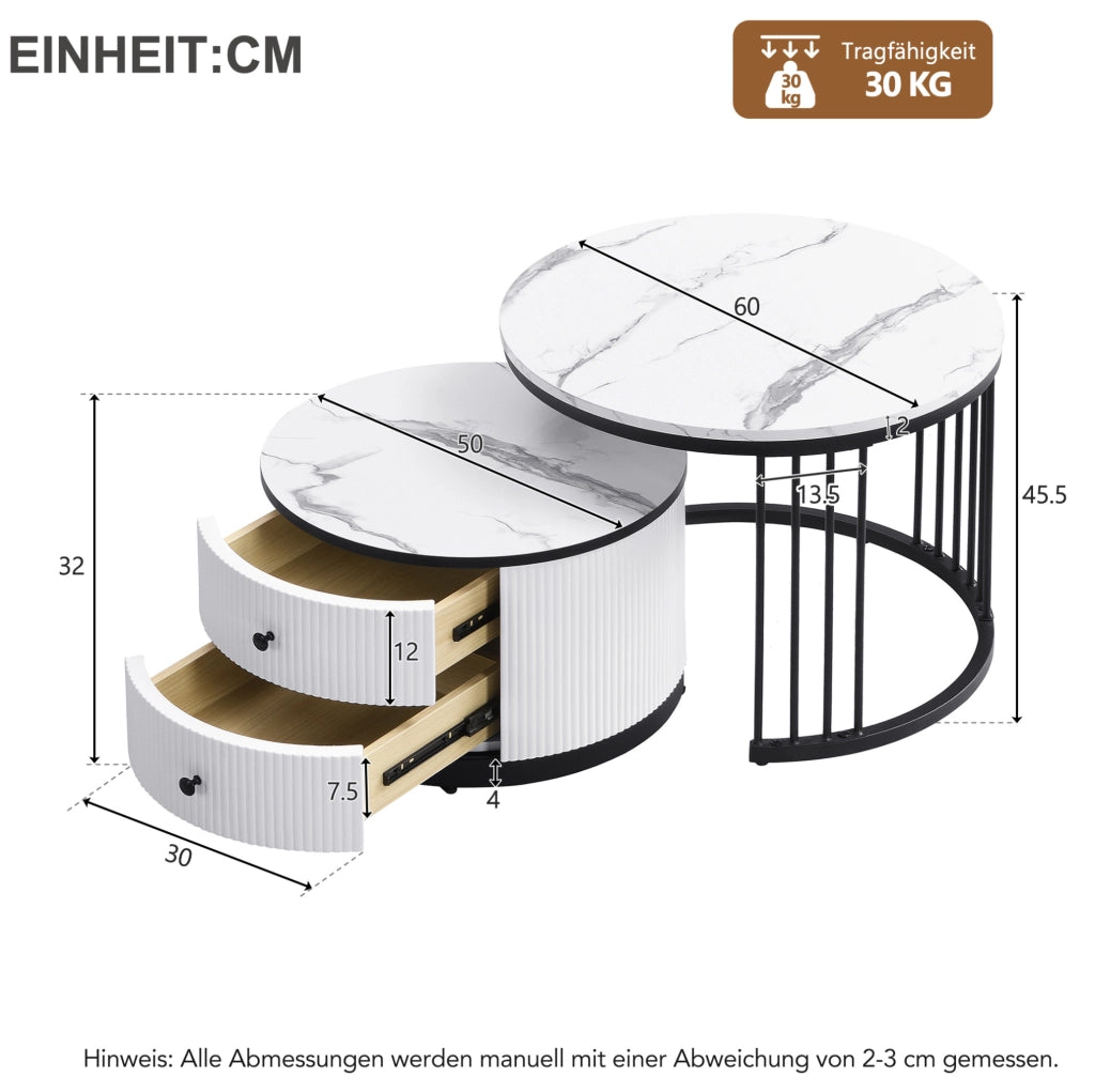 Set 2 tavolini da caffè rotondi con 2 cassetti; effetto marmo lucido; MDF; bianco/nero
