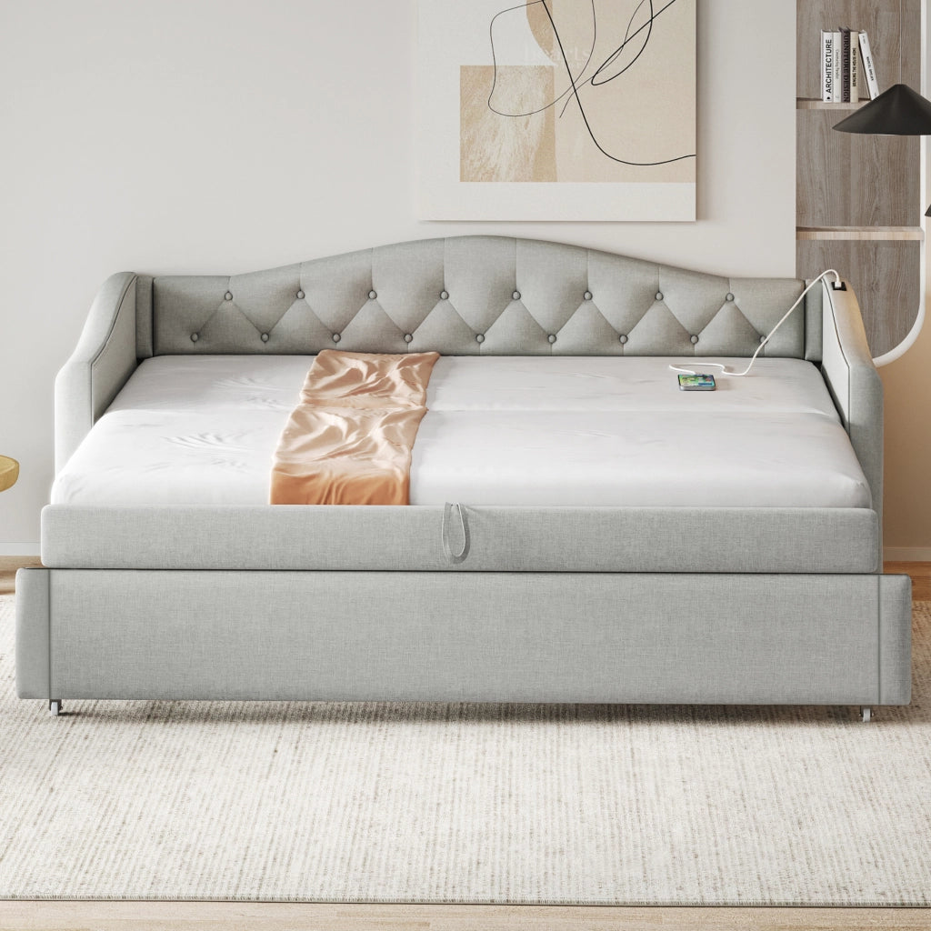 Letto divano 90 × 200 cm con porta USB, letto estraibile, senza materasso, in tessuto effetto lino, grigio