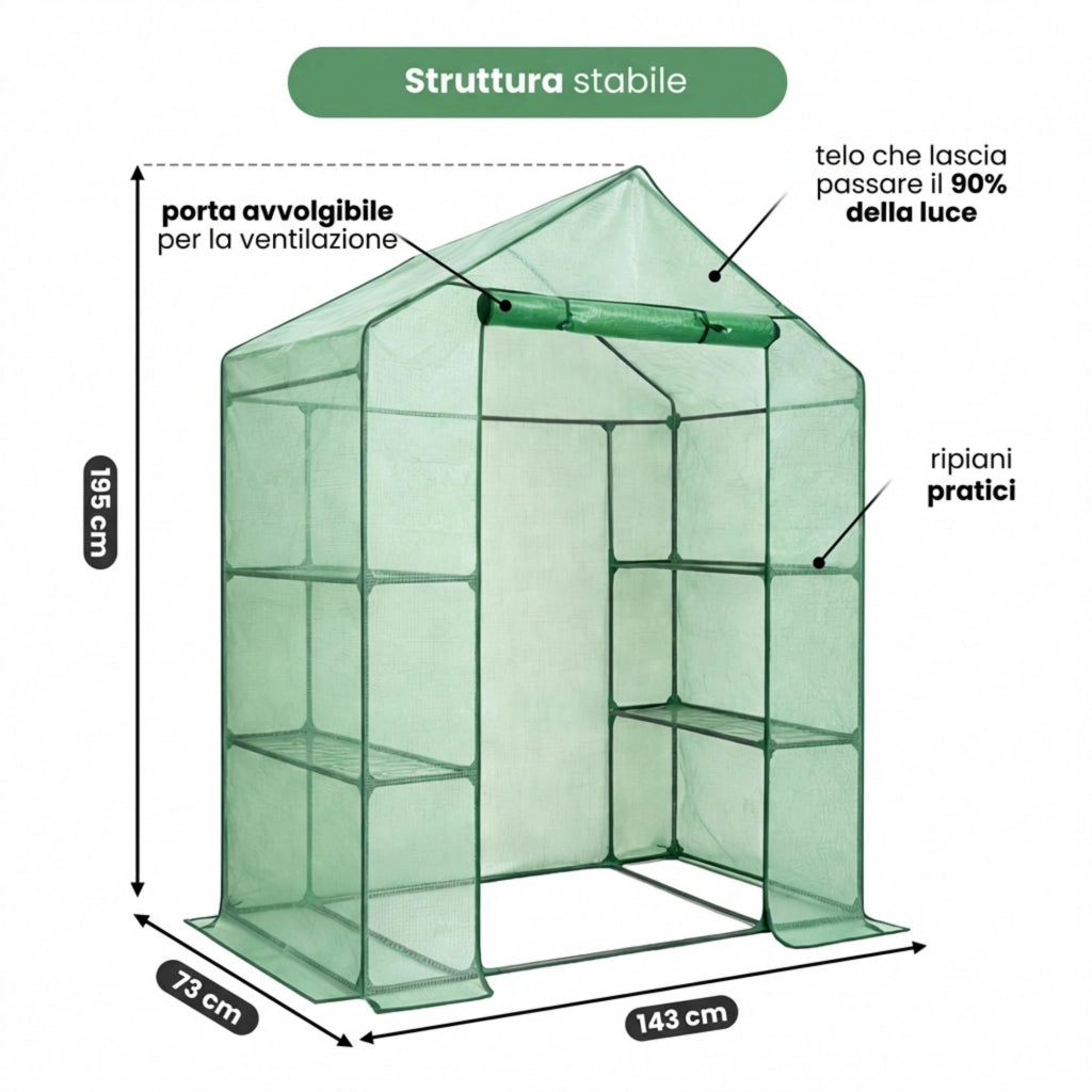Mini serra da giardino a casetta con struttura in metallo e telo in PE con ripiani 1 porta Verde 143x73x195 cm