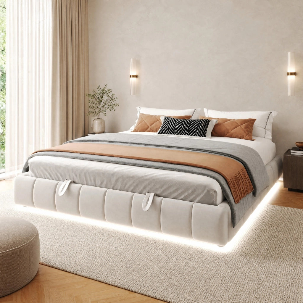 Letto imbottito 180x200 cm con sollevamento idraulico, LED bianco, senza testiera, Beige