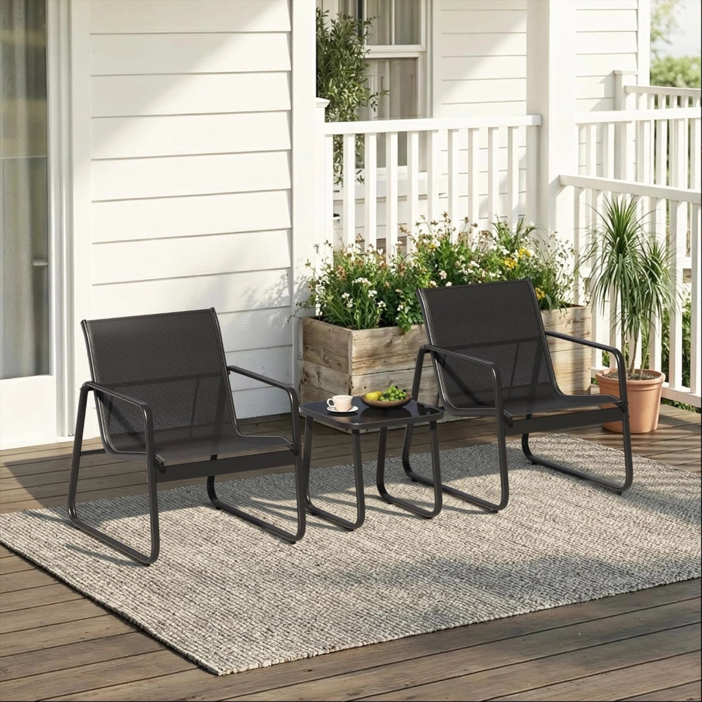 Set Mobili da Giardino 3 Pezzi - Salottino da Esterno con 2 Poltrone Ergonomiche e 1 Tavolino in Vetro Temperato - Set Bistro in Metallo e Textilene Traspirante per Balcone, Terrazzo e Patio