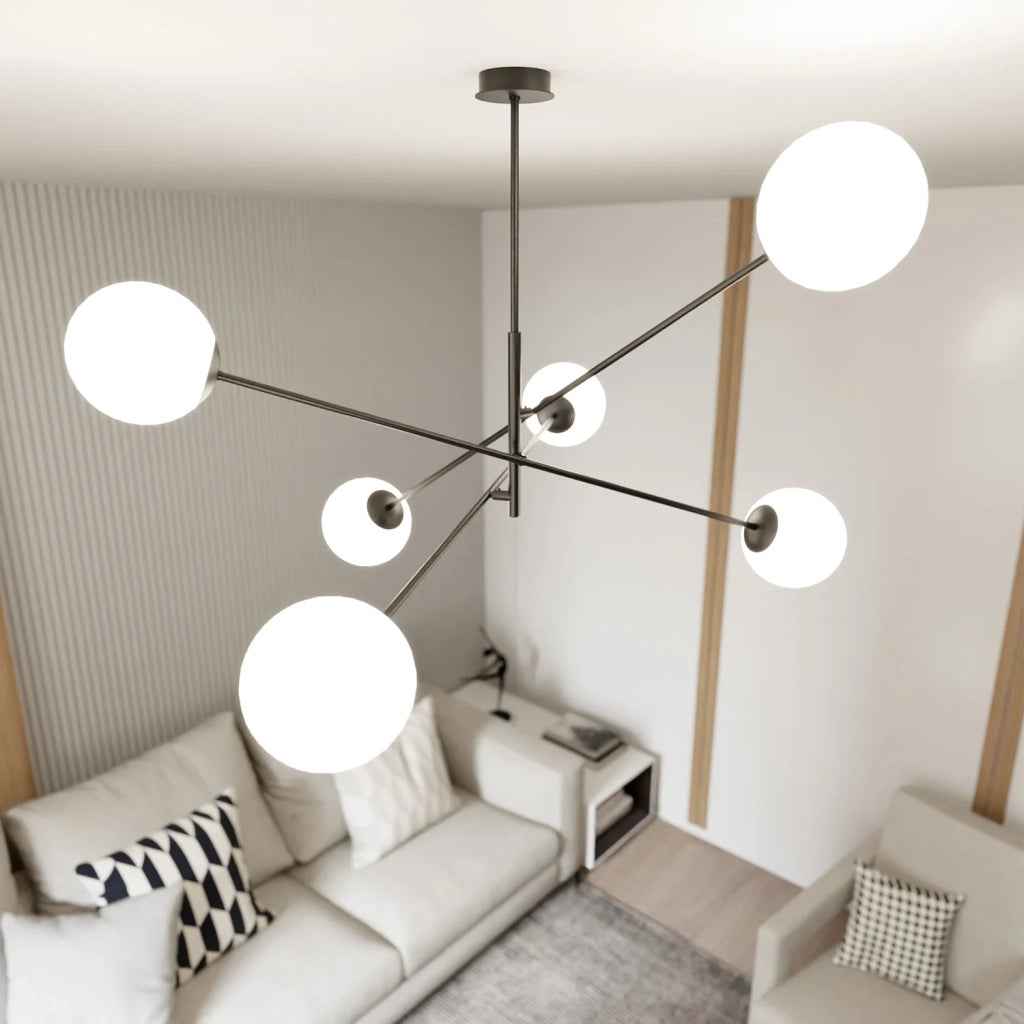 Lampadario 6 Luci Yama In Acciao Nero Con Bracci Regolabili E Vetro Opale