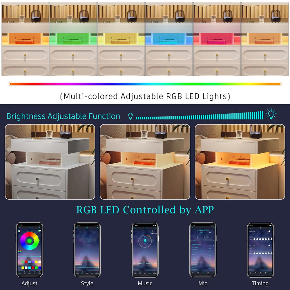 Comodino con Luci LED 100x40x60cm - Xylo - 2 Cassetti, 1 Ripiano Aperto, Bianco