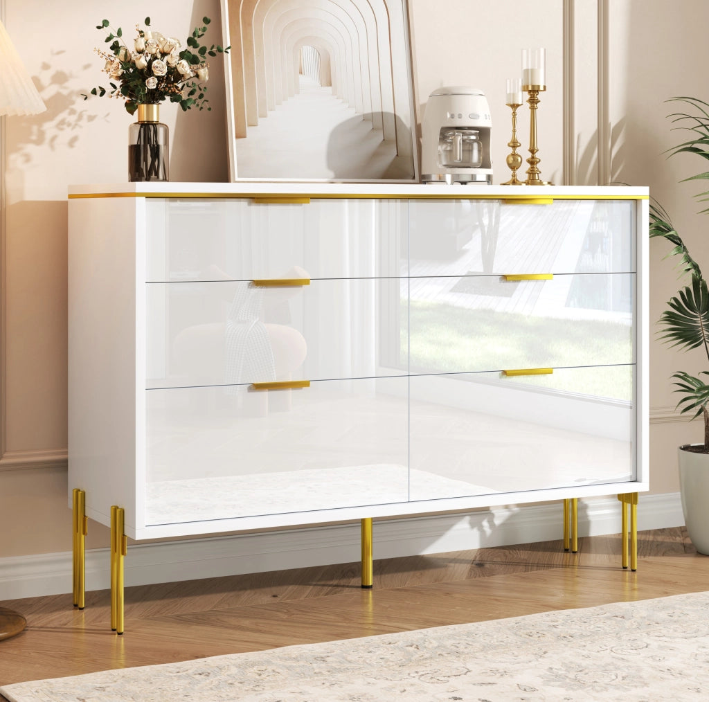 Sideboard moderno a 6 cassetti 120 cm bianco con frontali lucidi e dettagli oro
