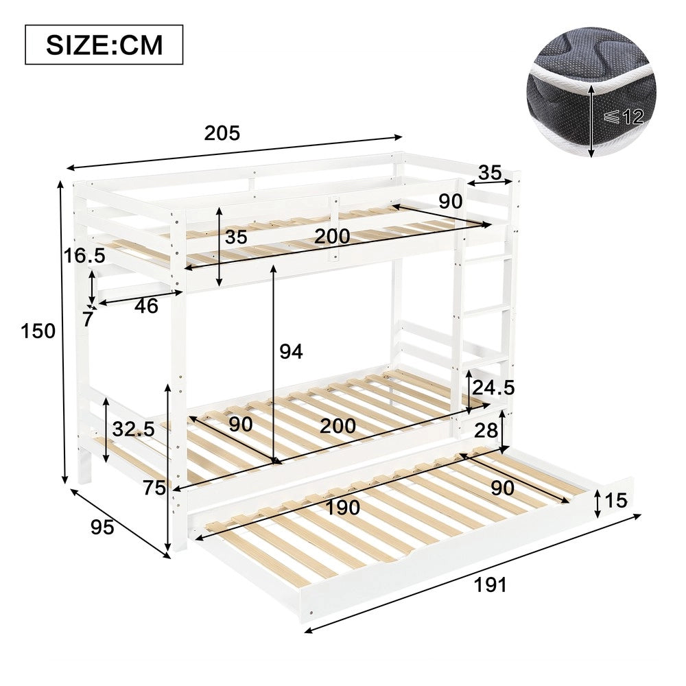 Letto a Castello Estraibile con Scaffali e Scala ¨C MINIMAL ¨C Pino/MDF, Bianco, 90x200