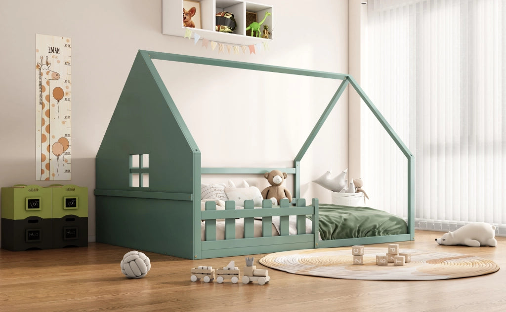 DESMIU Letto per Bambini Letto a Casetta 140 × 200 cm 2 Posti con Sponde, Senza Materasso, in Pino e MDF, Verde