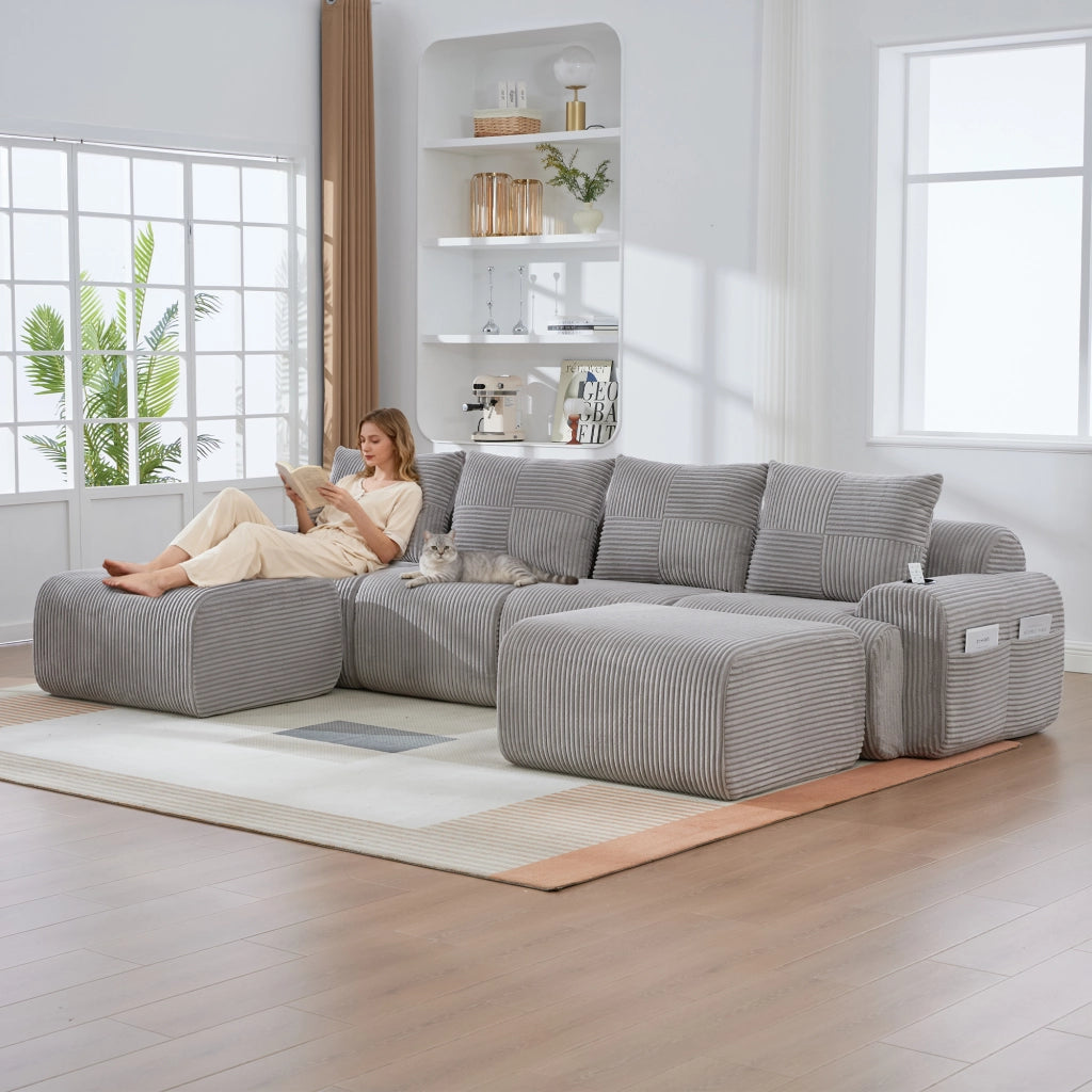 DIVANO modulare 4 posti 333x174x80 cm in corduroy grigio chiaro