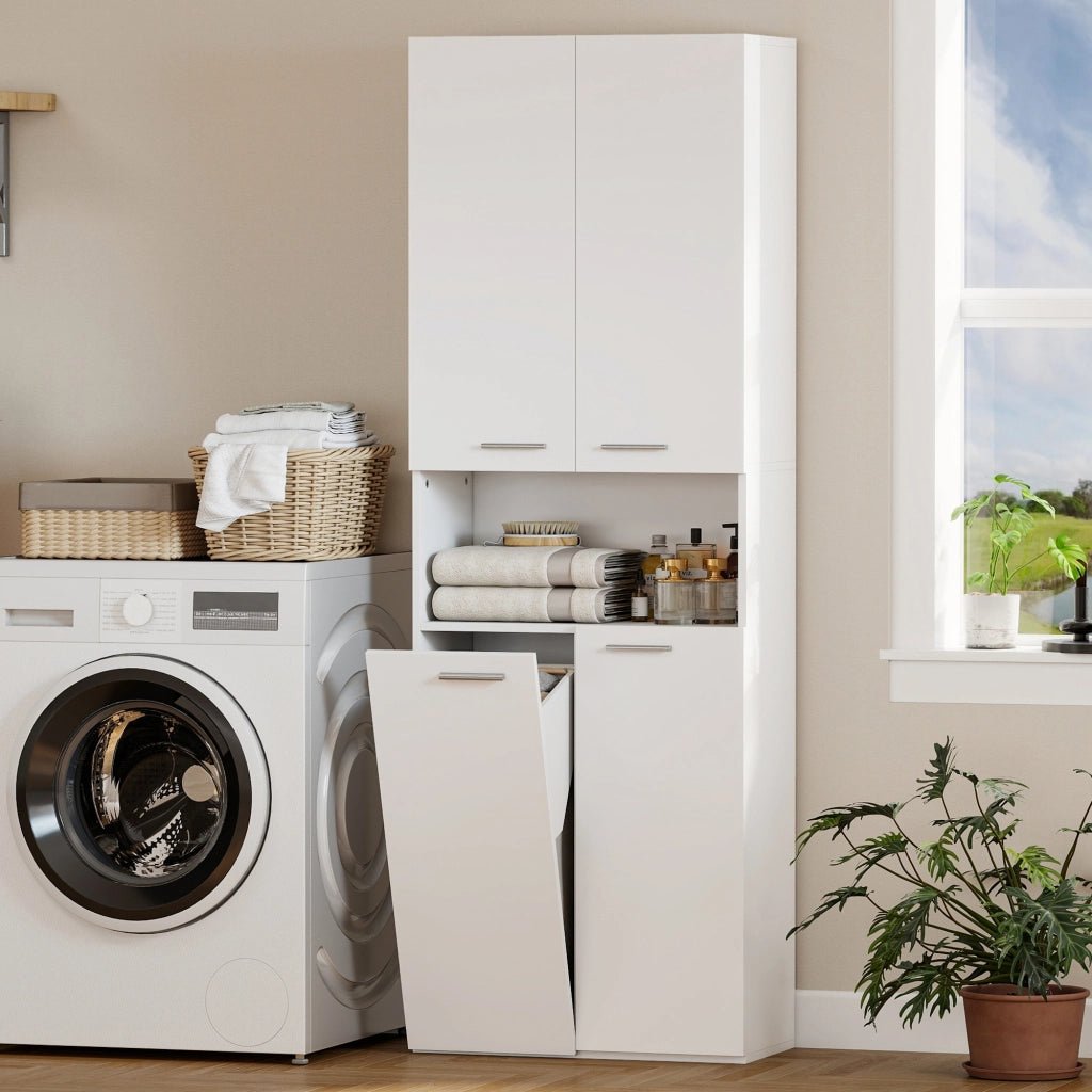 Mobile da Bagno con Cesto e Ripiano ¨C Zephmum ¨C Bianco Legno 60x30x174 cm