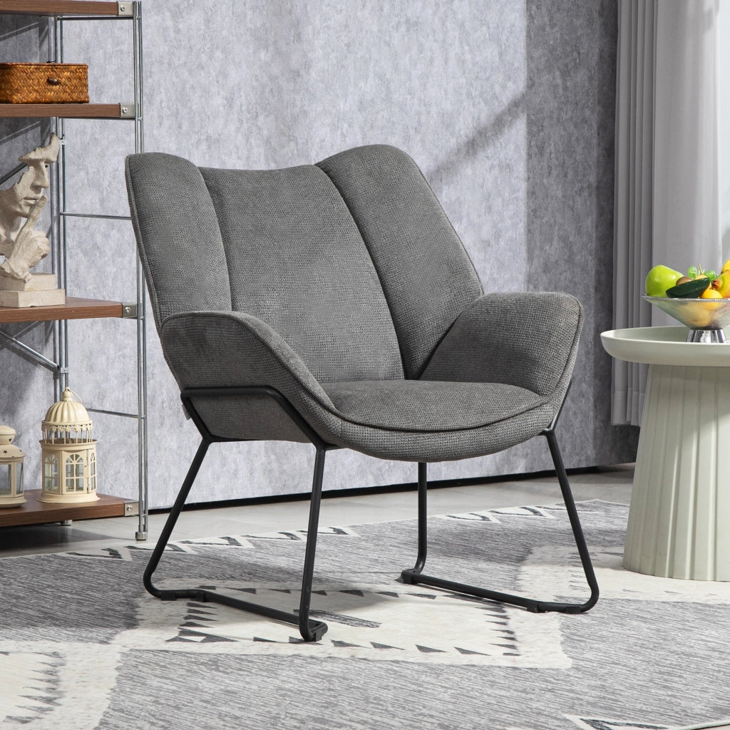 Poltrona d'Arredo con Braccioli Inclinati, in Tessuto Effetto Lino e Acciaio, 71.5x67x79 cm, Grigio
