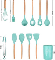 Set di accessori da cucina in silicone, 12 pezzi maniglie in legno naturale, strumenti da cucina, set di utensili da cucina in silicone BPA gratuito, non tossico, set di gadget da cucina (verde scuro)